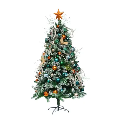 Festive Snow Flocked Christmas Tree with Teal Orange Baubles & Gold Star PreDecorated Artificial Holiday Tree for Indoor Display