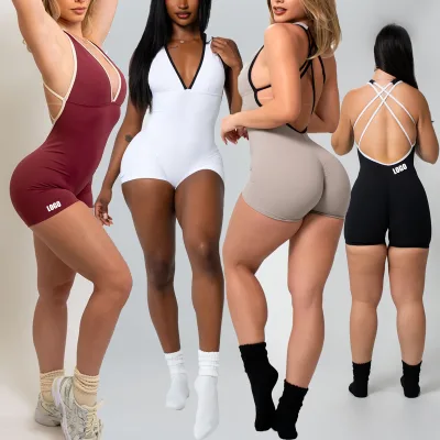 Women's Sports Bodysuits Jumpsuits Quick-Dry Bodycon Crisscross Straps Spandex/Nylon Gym Activewear Color Block Backless Design