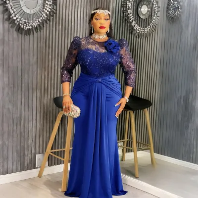 Ohsisa Women's Africa Style Plus Size Sequined Flower Dresses Elegant Fashion Pleated Waist Evening Party Maxi Long Dress