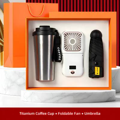 Deluxe 500ml Pure Titanium Insulated Mug 6 Hour Foldable 3000mAh USB Neck Fan 5 Fold UV Blocking Umbrella Travel Staples