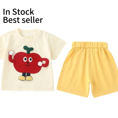 Kids Fashion 2-Piece Set Cool Short-Sleeved Cartoon Pattern 3D Apple CharacterT-shirt Elastic Waist Shorts Suit Daily Wear