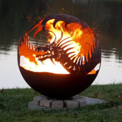 36inch Rust Metal Art Death Star Design Fire Ball for Garden Decor