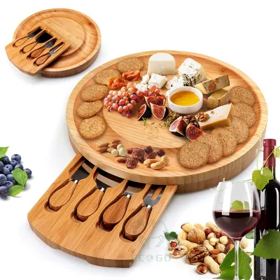 Bamboo Cheese Board Set With Hidden Cutlery Drawer and Knife Set Round Charcuterie Board Removable Slate