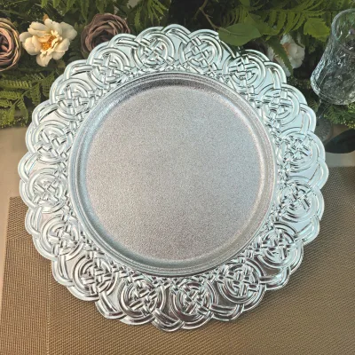 Silver Plastic Charger Plates 13 Inch Round Embossed Celtic Knot Serving Plates for Birthday Party Baby Shower Holiday