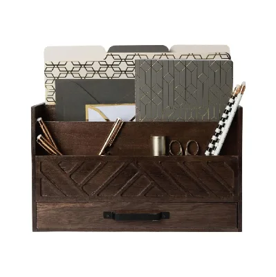 Brown Wood Desk Organizer with Drawer - Bill Mail Storage Organizer and Sorter