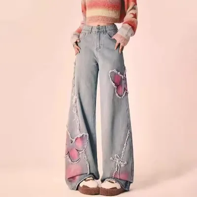 Custom Washed pink butterfly Decal Y2k Fashion Street Wear Casual Wide-leg Pants