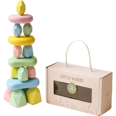 2024 Hotsale Colorful Silicone Wooden Balance Stones Toys Educational Balancing & Stacking Toy for Kids