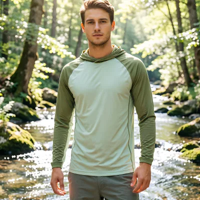 OEM Men's Outdoor Fishing Sun Hoodie UPF 50+ Polyester Fabric Sweat Wicking Ultra Comfortable with Side Mesh Airflow Full Custom