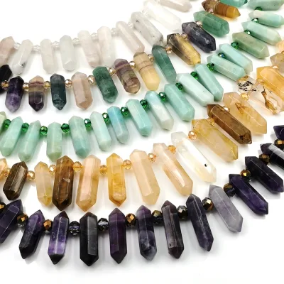 Carve Rainbow Fluorite Amazonite Double Terminated Tower Point Gemstone Large Bead Hexagon Prism Healing Crystal for Jewelry DIY