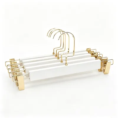 Wholesale Costom logo White Garment Wooden Pants Hangers with Gold Hooks for Luxury Store Wardrobe Display