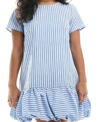 Custom Striped 100% Cotton Summer Dress Women High Waist Strapless Short Sleeve Knee-Length Sweet Ruffles A-Line Casual