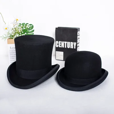 Black Wool Winter Presidential Cap Unisex Stage Magic Tall Flat Top Fedora Hat Performance Event Gentleman Hat with Lining