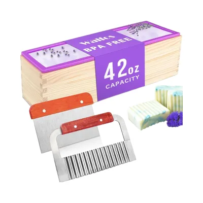 Walfos 42oz Silicone Soap Mold Flexible Rectangular Loaf Wood Box Stainless Steel Wavy Straight Scraper for Soaps Other Crafts