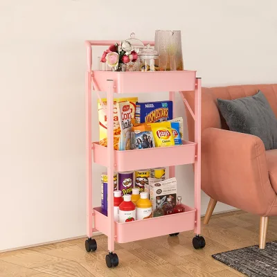 Collapsible Shopping Cart With Storage Crate Plastic Drawers Rolling Rack for Household Goods Three Layers Storage Cart
