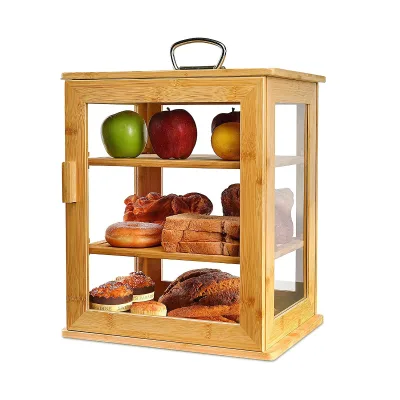 Bamboo Bread Box With All Clear Windows and Adjustable Shelves Bamboo Organizerfor Kitchen Countertop