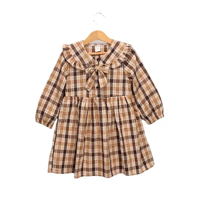 New Design Fall Child Brown Dress Toddler Baby Girls Long Sleeve Plaid Bow Ruffle Cute Dress