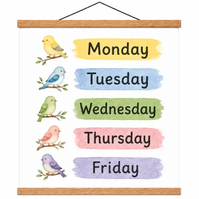 Preschool Week Days Learning Chart Poster Printed 11x14" Home Education Decor Bulk Order Custom Print Wooden Hanger Factory