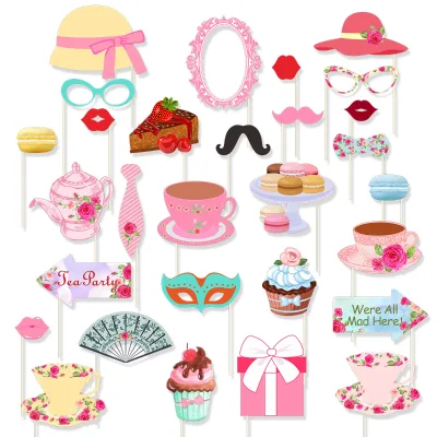 28pcs Tea Party Theme Party Princess Birthday Photo Props Handheld Bamboo Slips Flower Teapot Photo Props