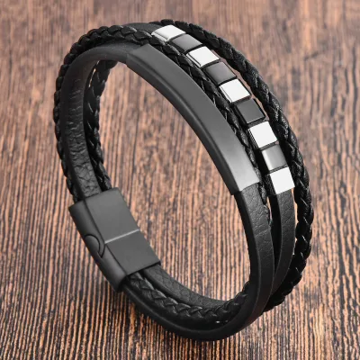Personalized Mens Leather Bracelet Stainless Steel Genuine Leather Wristband for Men