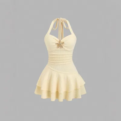 Women's Beach Vacation Elegant Textured Fabric Strap Ruched Metal Decor Ruffle Mini Dress