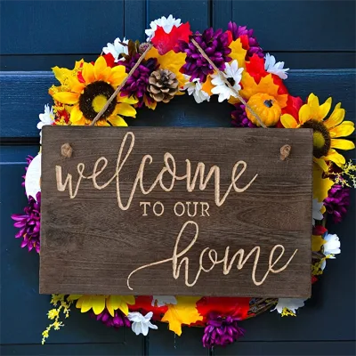 Welcome Front Door Round Wood Sign Hanging Welcome Sign for Farmhouse Porch Spring