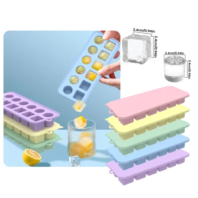 Premium 12 Cavity Reusable Round Square Shape Ice Tray  Food Grade Silicone Ice Lattice  Mold  Good Demoulding Tray with Lid