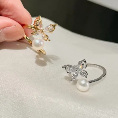 Brass 18K Gold Plated Artificial Crystal Butterfly Ring AAAA Grade Natural High Quality Freshwater Bread Pearl Luxury Style