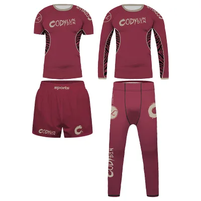 Kids Boys 4 in 1 Athletic Training Suit Contrast Panel Print Rash Guard Compression Leggings Fight Shorts Youth MMA BJJ Set
