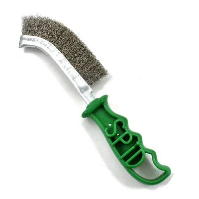 Industrial Grade 250mm Length Green Plastic Curved Knife Stainless Steel Wire Crevice Gap Cleaning Brush for Rust Removal