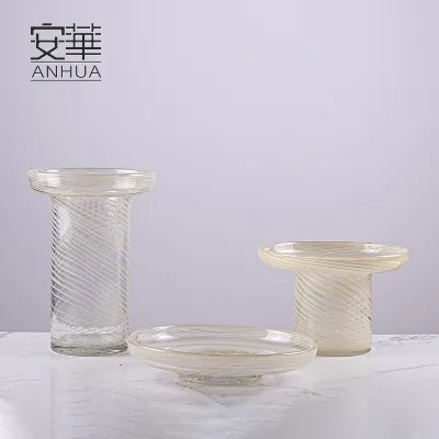 Creamy White Line Pattern Glass Vase for Flower Arrangement