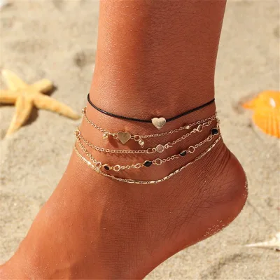 New Beach Anklet Simple Fashion Love Pendant Diamond Piece Anklet 5 Pieces Set