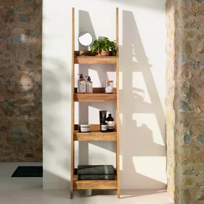 Modern 4-Shelf Ladder Shelf for Bathroom School Apartment Hotel Hospital with Mango Wood Effect Finish for Display Storage