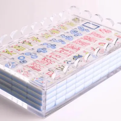 Custom Acrylic Mahjong Storage Box With Wave Lid | Lucite American Mahjong Set Organizer Case for Floral Print Mahjong Tiles