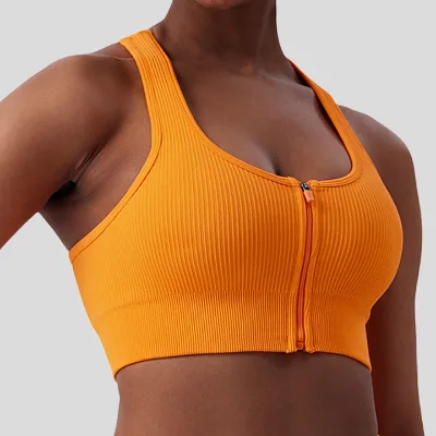 Wholesale Manufacturer Breathable Quick Dry Solid Color U Neck Zippers Sports Bras 1pc Gym Fitness Top for Women