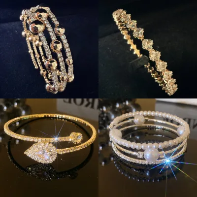 HW Factory Direct Rhinestone Pearl Multi-layer Bangle Wrap Wristband Multi-row Bracelet Prong Set Rhinestone Chain Wholesale