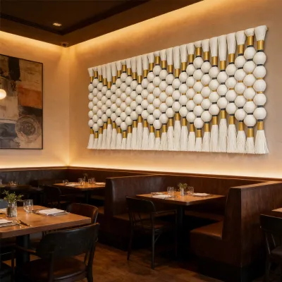 Luxury Handwoven Macrame Wall Art Modern Geometric Tapestry with Golden Accents for Commercial Space
