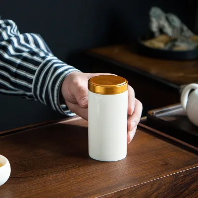 Ceramic Small Tea Canister, 40g Alloy Lid-sealed Canister for Tooth Powder and White Porcelain Scented Powder