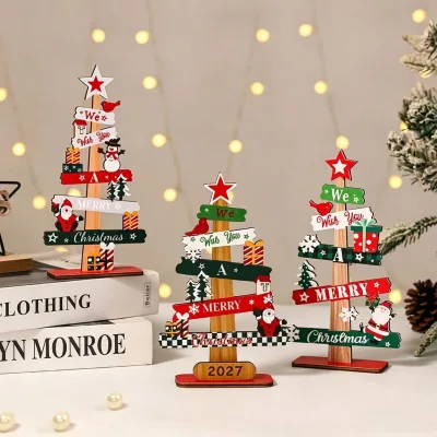 Wooden Christmas New Year Decorations Pine Wood Desktop Ornaments 9x22x28cm Simple Style English Letters for Snowman