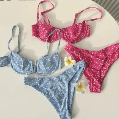 Underwire Custom 2024 Tube Top Tie Front Halter Triangle Solid Striped Print High Rise Scoop Neck Bikini Set Two Piece Women