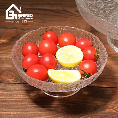 Modern Embossed Designed Clear Glass Bowl with Stand Multiple Size Round Shaped Glass Fruit Bowl Food Serving Dish Plate Bowl