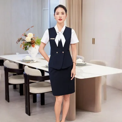 Women's Airline Polyester Professional Work Dress Spring Autumn with Vest & Shoulder for Hotel Front Desk Catering Staff