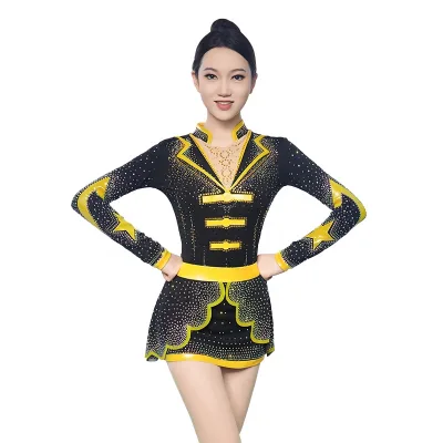 Japan Design Gold Black Yellow Cheerleading Uniforms Custom Cheerleader Uniforms With Rhinestones