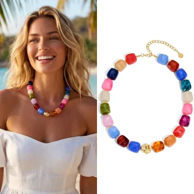 Wholesale Boho Style Autumn Dark Colors Schemes Blending Texture Geometric Acrylic Resin Handmade Beaded Necklace for Women
