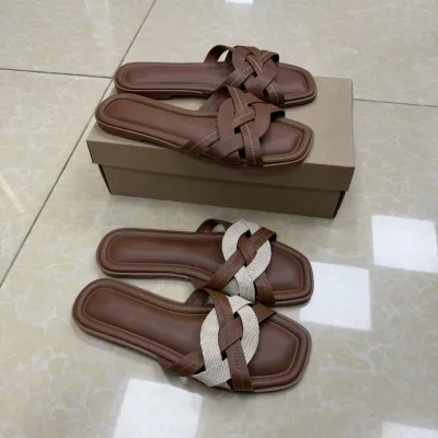 European Vintage Women Open Toe Flat Sandals Interlaced Stitching Strap Ladies Slip on Slide Slippers for Summer