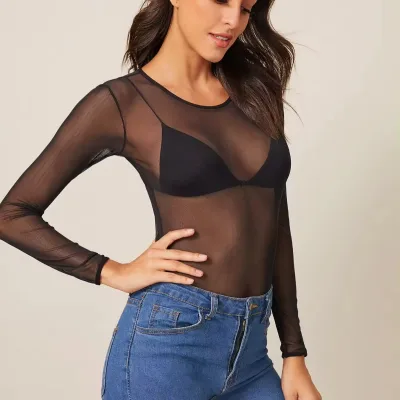 Women Sexy Long Sleeve Mesh Sheer Solid Skinny Transparent Mesh Tops Hot Sale Sheer See Through O-neck Elastic Fabric