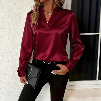 2026 Hot-Selling Spring and Autumn Simple Elegant Versatile V-Neck Loose Shirt for Women