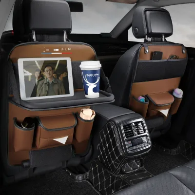 ForLinco LnPu Leather Car Back Seat Organizer With Foldable Table Tray Car Backseat Organizer for Babies Toys Drinks Books Pens