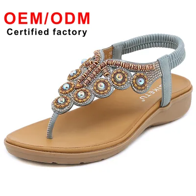 New Arrival New Style Women's Clip-on Beaded Rhinestone Buckle Elastic Heel Elastic Band Flat Sandals Shoes Fashion Shoes Women
