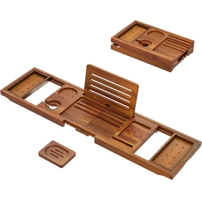 Luxury Custom logo Foldable Expandable Teak Wood Bathtub Rack with Bath Accessory Book Holder & Wine Glass Slot
