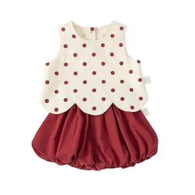 Summer Girls High Quality Best-selling Suits Cute Bow Polka Dot Sleeveless Top Solid Color Pants Two-piece Suit